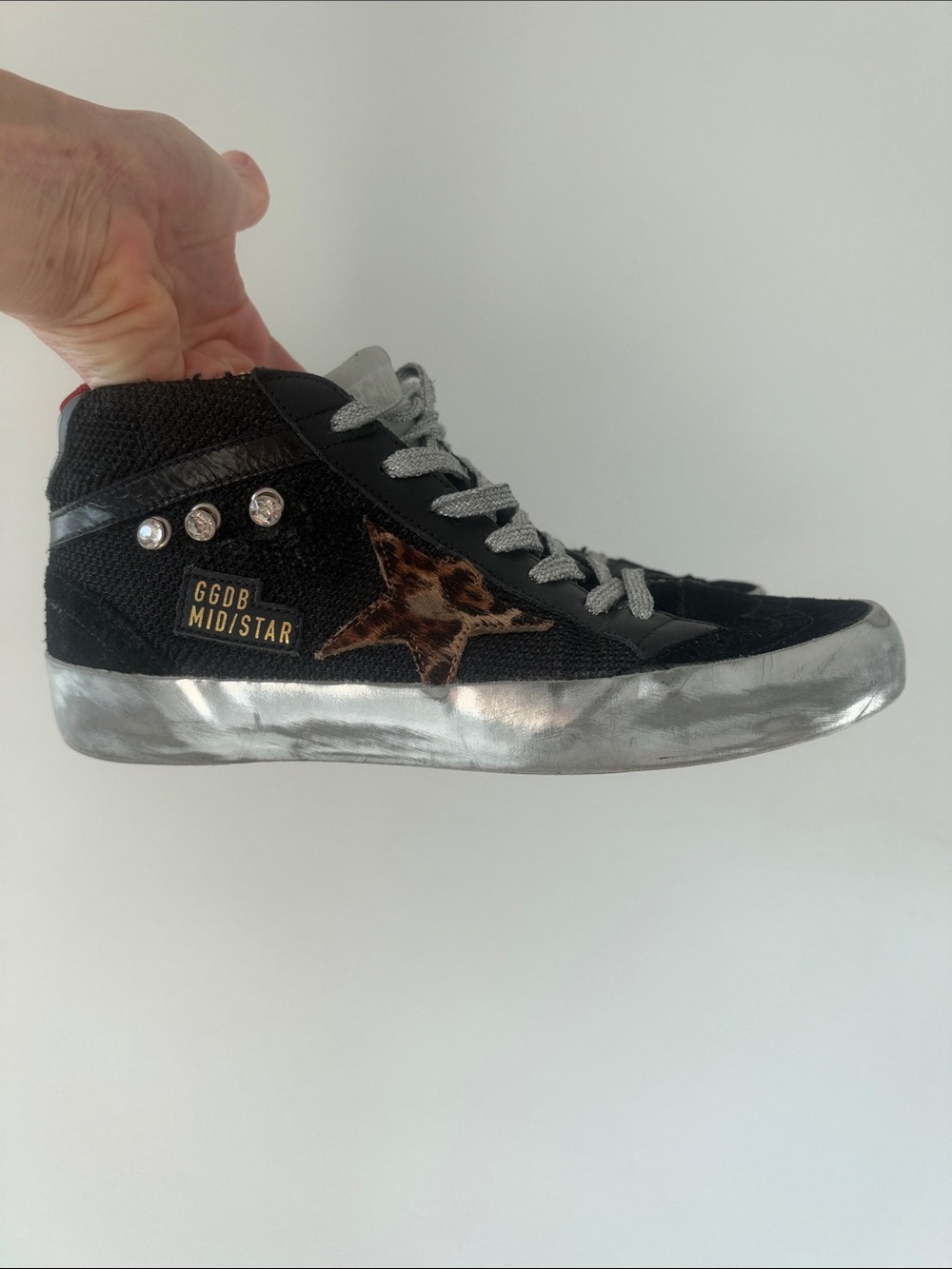 Golden Goose Black Leopard-Print Star & Silver-Sole Mid/Star Sneaker